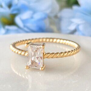 Dainty Emerald Cut ring, 925 Sterling Silver with 10k gold finish